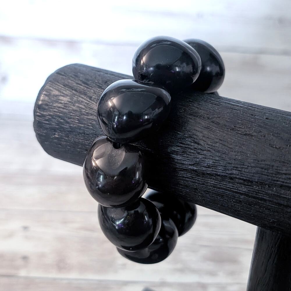 Vintage Stretch Bracelet Chunky Black Beads (Almost Heart Shaped)